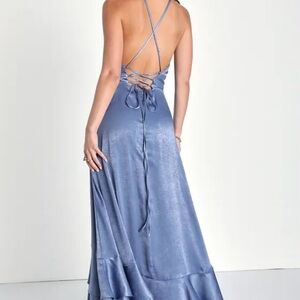 Lulu’s In Love Forever Slate Blue Satin Lace-Up High-Low Maxi Dress